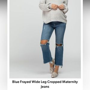 Pink blush maternity jeans. Blue Frayed Wide Leg Cropped Maternity Jeans